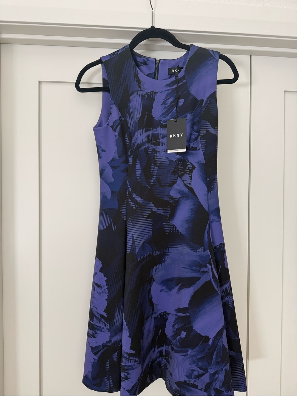 DKNY Blue-Purple Floral Fit-and-Flare Midi Dress